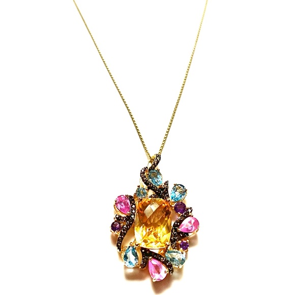 14K Gold Over Sterling Silver Necklace With Genuine Citrine, Amethyst & Quartz - Picture 9 of 9